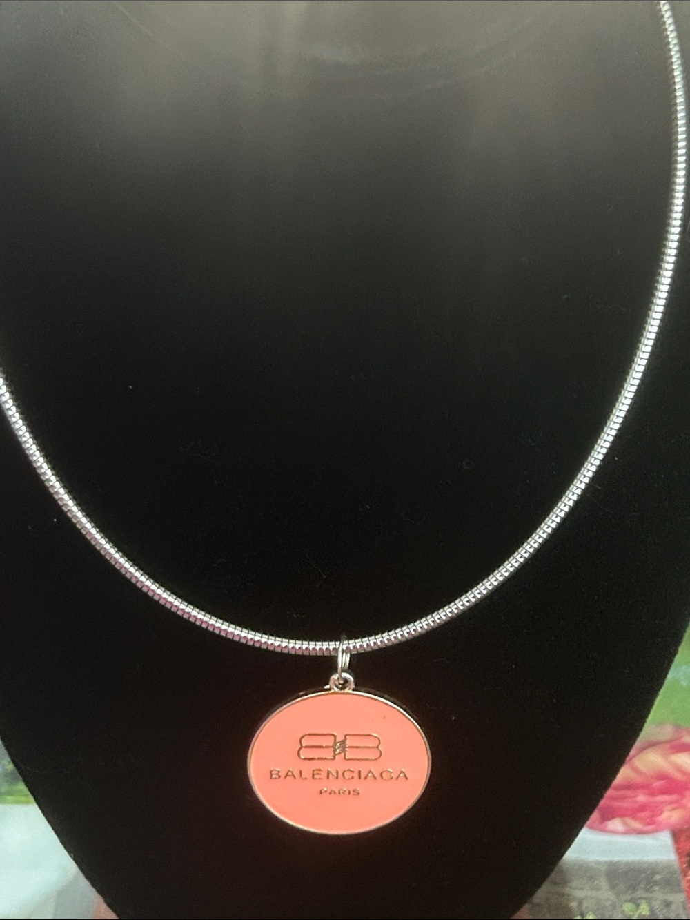 BB peach like Coral Logo Disc Pendant on Silver Snake Chain
